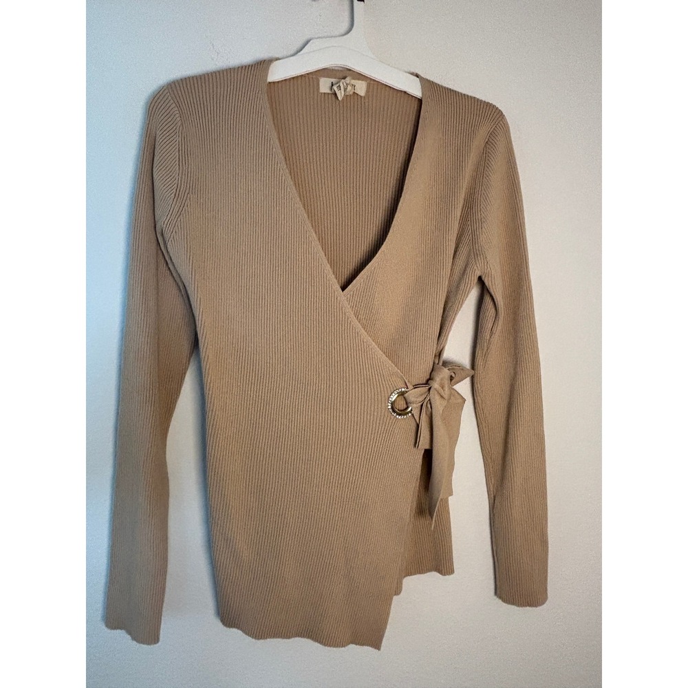 B My Story Tan Ribbed Knit Wrap Top Long Sleeve Rhinestone Ring Side Tie XL